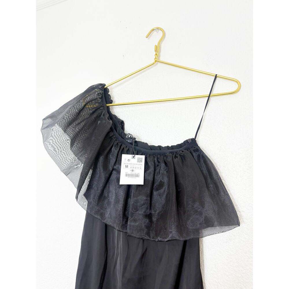 Zara Black Satin Midi Dress Organza Ruffle Puff Sleeve Medium 8779/462 NWT - Picture 7 of 13